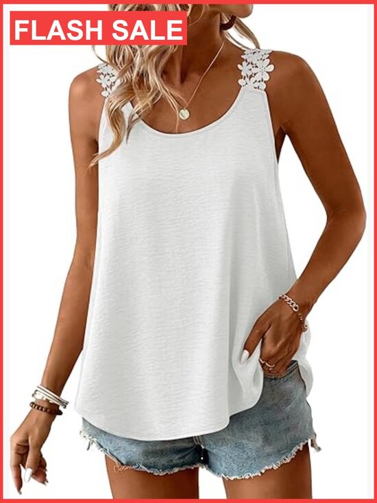 Tops - Women's Loose Fit Crew Neck Sleeveless Tank Top Lace Chiffon Summer